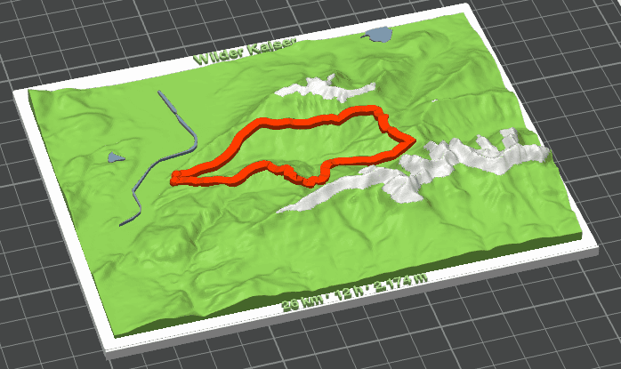 Topographic terrain preview for a trail print.